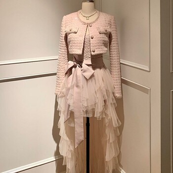 French-Style Noble Lady Suit for Women 2025 Autumn and Winter High-End Waist-Cinching Slimming Mesh Dress Long-Sleeved Pink Jacket