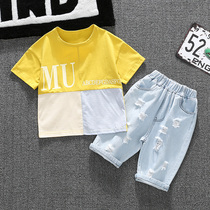 Boy summer suit handsome 2020 new children boy short sleeve baby jeans two-piece Korean version of foreign style