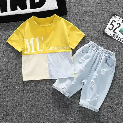 Boy summer suit handsome 2020 new children boy short sleeve baby jeans two-piece Korean version of foreign pie