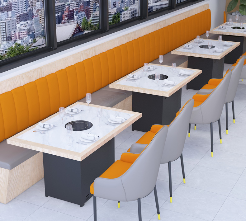 Custom smokeless solid wood marble hot pot table induction cooker integrated commercial gas stove hot pot restaurant table and chair combination