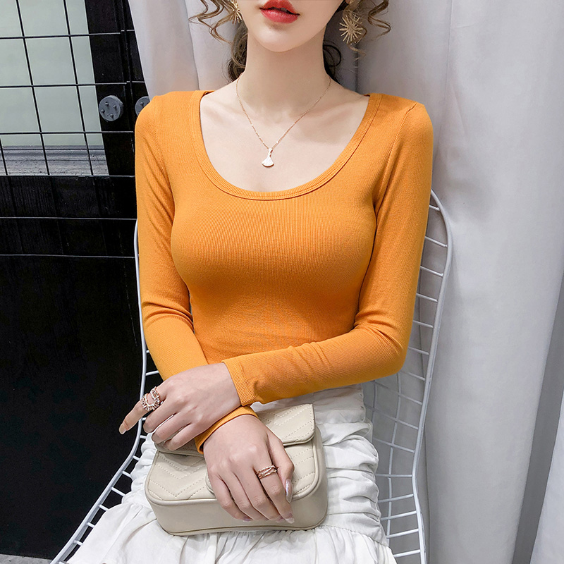 Retro Grand U collar with long sleeves T-shirt women's dress 2021 new autumn clothes foreign pie sexy open-door collarbone blouses