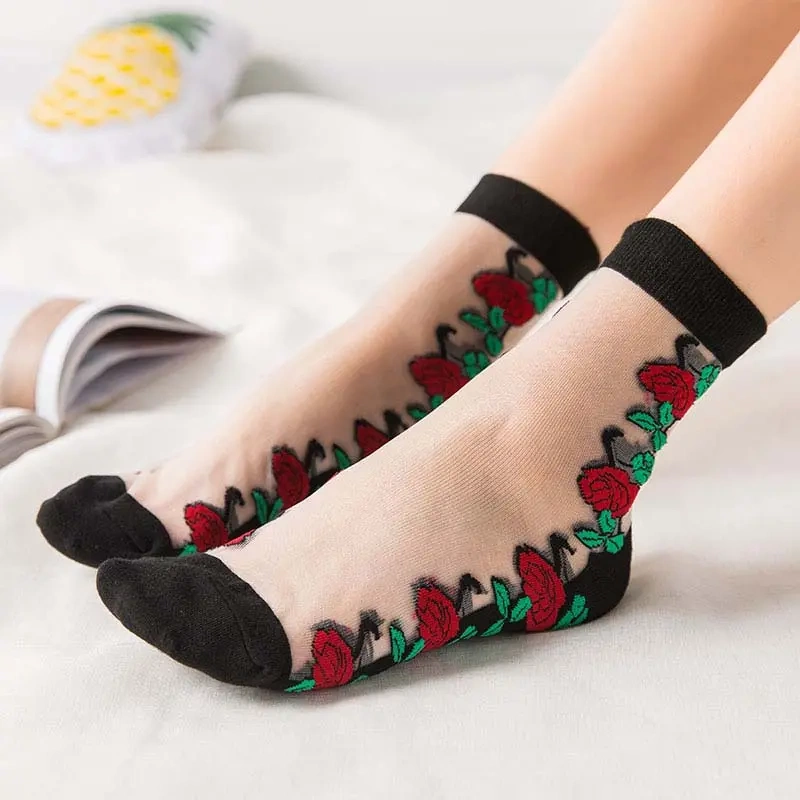 Spring and Summer Women's Crystal Stockings Summer Socks Medium Short Tube Thin Glass Stockings Women's Stockings Lace Roses
