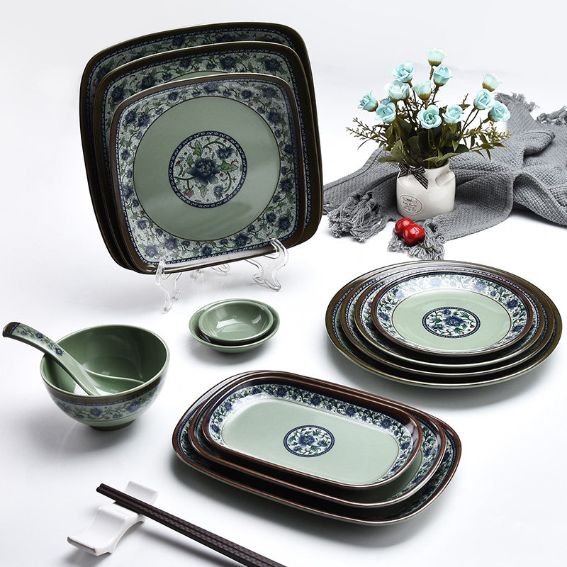 Top Lattice Melamine Resin Plate Plastic Disc Imitation Porcelain Tableware Flat Tray Dinner Plate Rice Hall Bone Disc Commercial