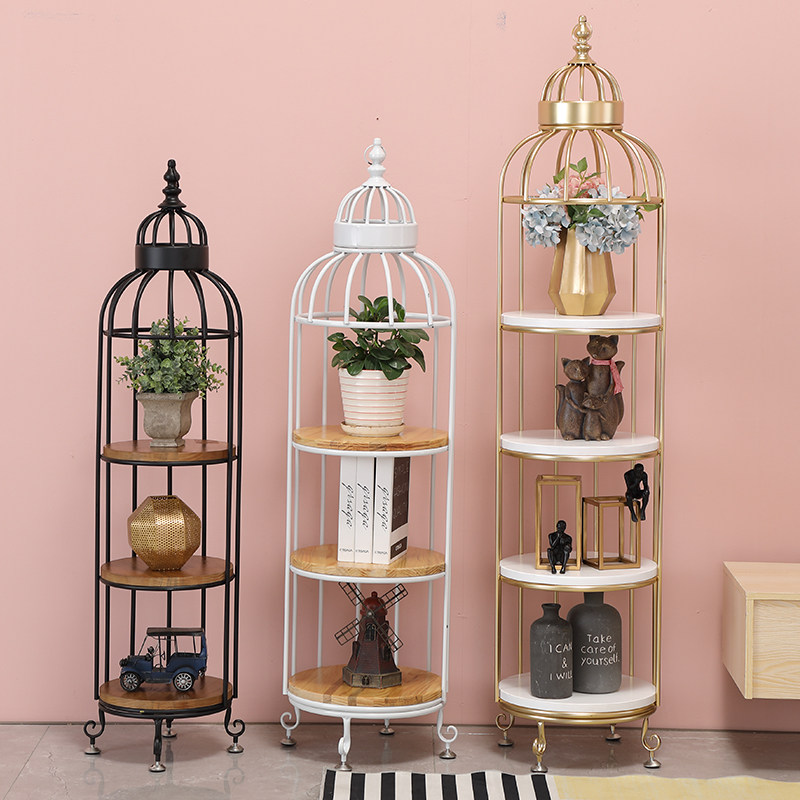 Nordic modern wrought iron Golden simple bird cage shelf floor-standing multi-storey creative living room balcony flower rack ornaments