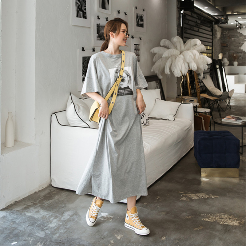 Plus Size Women's Short-Sleeved T-Shirt Dress, Summer Loose Slimming Over-The-Knee Long Dress, Pure Cotton Casual Dress with Slit Plus Size Women's Short-Sleeved T-Shirt Dress, Summer Loose Slimming Over-The-Knee Long Dress, Pure Cotton Casual Dress with Slit