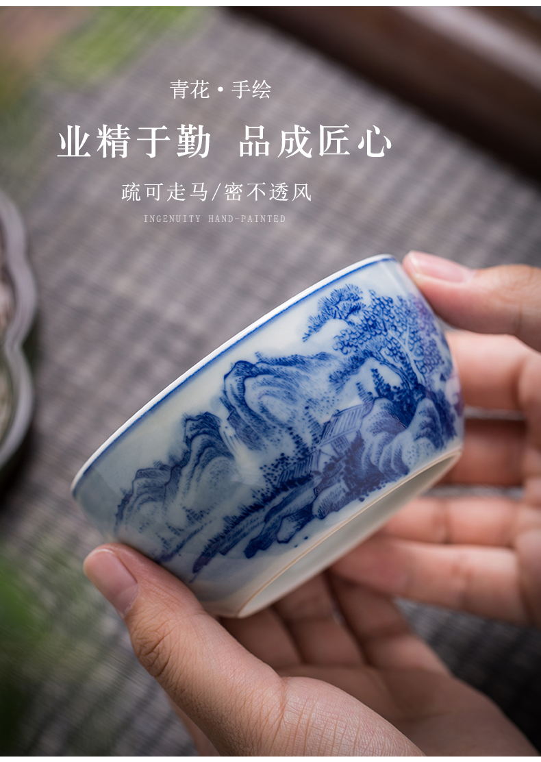 Blue and white master cup single cup large ceramic sample tea cup pure manual jingdezhen tea bowl full hand - made scenery cup