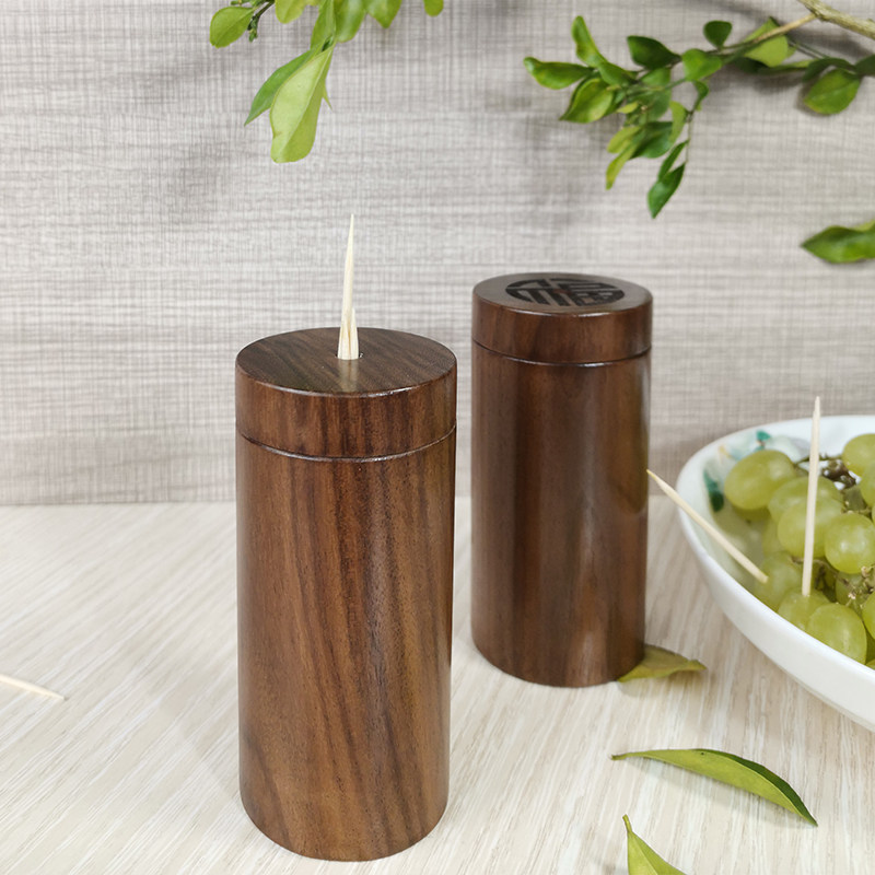 Black walnut toothpick tube home fashion high-grade round creative solid wood commercial portable Chinese custom toothpick box
