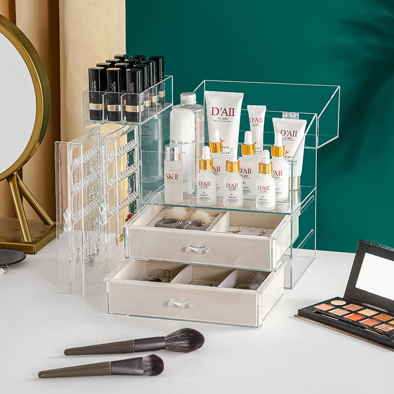 Desktop cosmetics collection box jewelry one dust-proof dresser skincare products large-capacity transparent earrings necklace box