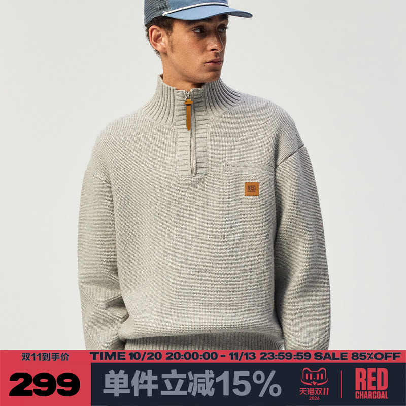 Redcharcoal Red Charcoal Colored Yarn Half-Zip Jacquard Leather Label Sweater Men's American Style Loose Knit Sweater Redcharcoal Red Charcoal Colored Yarn Half-Zip Jacquard Leather Label Sweater Men's American Style Loose Knit Sweater