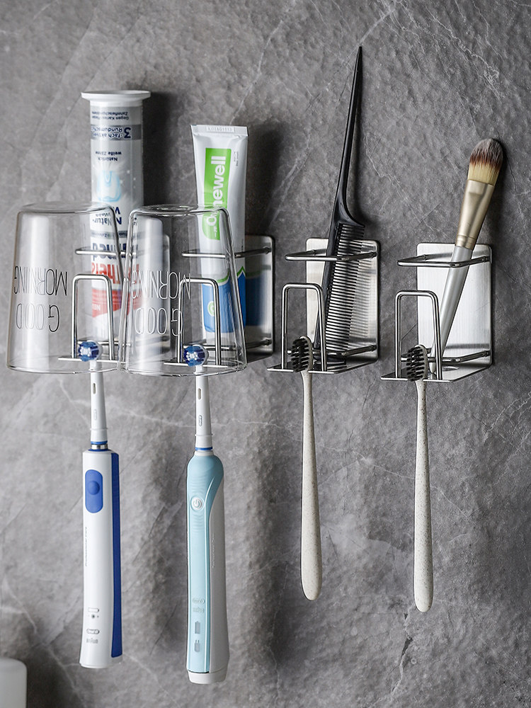 Wall-mounted stainless steel toothbrush rack suction wall-free punching brushing cup mouthwash cup bathroom wall-mounted electric rack