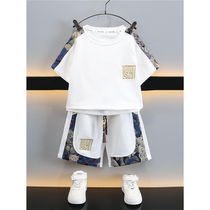 Handsome boys summer short-sleeved suit 2024 new childrens summer clothes boys national style sportswear childrens trendy fashion