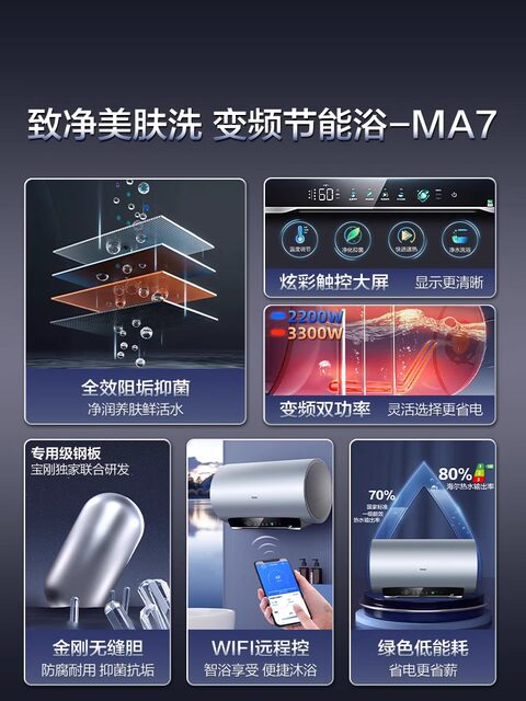 Haier Electric Water Heater for Home Bathroom Shower, Variable Frequency, Fast Heating, 60L/80L, First-Class Energy Efficiency, Ma7, Large Capacity