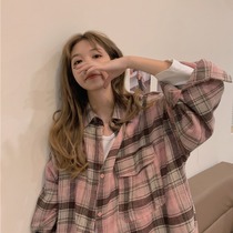 South Korea Pink Plaid Shirt Woman Spring Autumn 2021 New Retro Port Taste Loose Salt Ensemble Long Sleeve Blouse External Wearing Tide