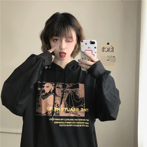 South Korea 2020 new fall loose bf wind black blouses net red printed salt teas with cap necrotope women Chains