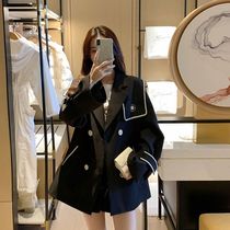 South Korea Black Navy Neckline Red Autumn Style Small Suit Advanced Senses Coat Female Loose 100 Hitch College Wind Blouses