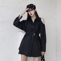 South Korea 2020 new internet red medium long style retro dark black ensemble shirt woman design feeling small crowdart machine dew shoulder blouses