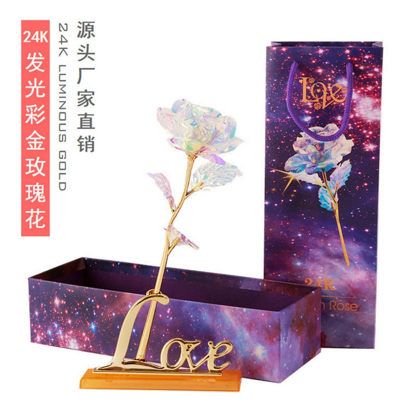 Hoa hồng vàng 24K màu rực rỡ với đèn mô phỏng lá vàng hoa hồng Tanabata quà tặng Giáng sinh sáng tạo - Hoa nhân tạo / Cây / Trái cây