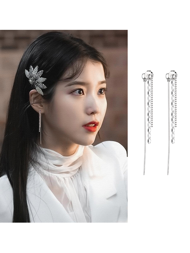 Lane south 925 sterling silver Druna hotel iu Zhang full moon with the same ear necklace female ear needle simple tassel thin earrings