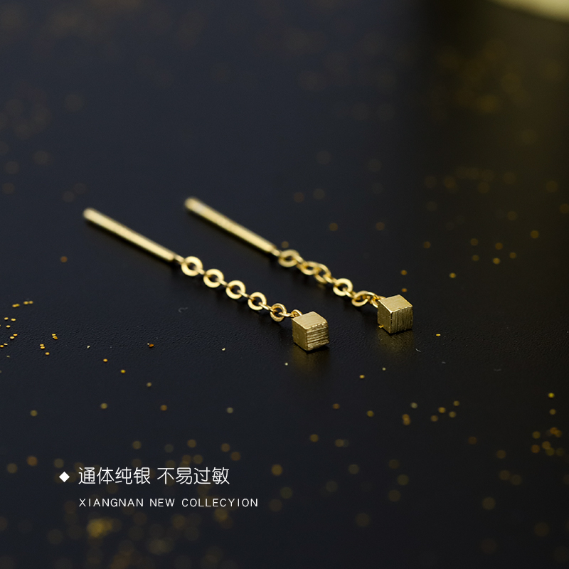 Alley South 925 pure silver 14K gold pane flow Soar chain Japan-Japan brief small and delicate ear-pin geometric fashion ear decoration