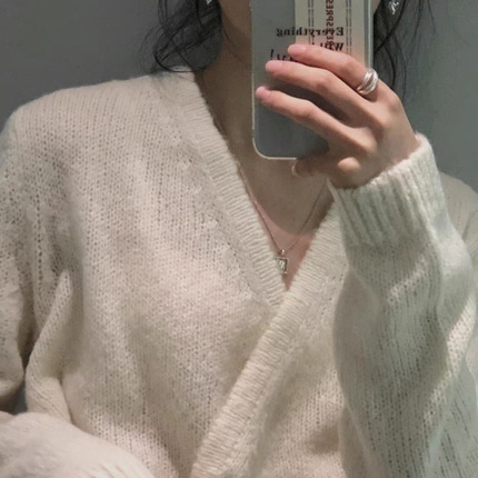 Nordic Niche Cos Minimalist Style~ Diagonal Placket Tie Wrap Cross V-Neck White Mohair Knit Sweater