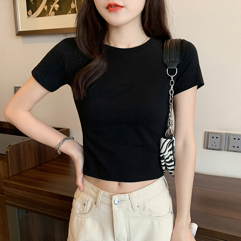 Black Short-Sleeved T-Shirt for Women, Backless, Small Round Neck, Short Crop Top, High-Waisted, Slim Fit, Slimming, 2026 Summer New Style