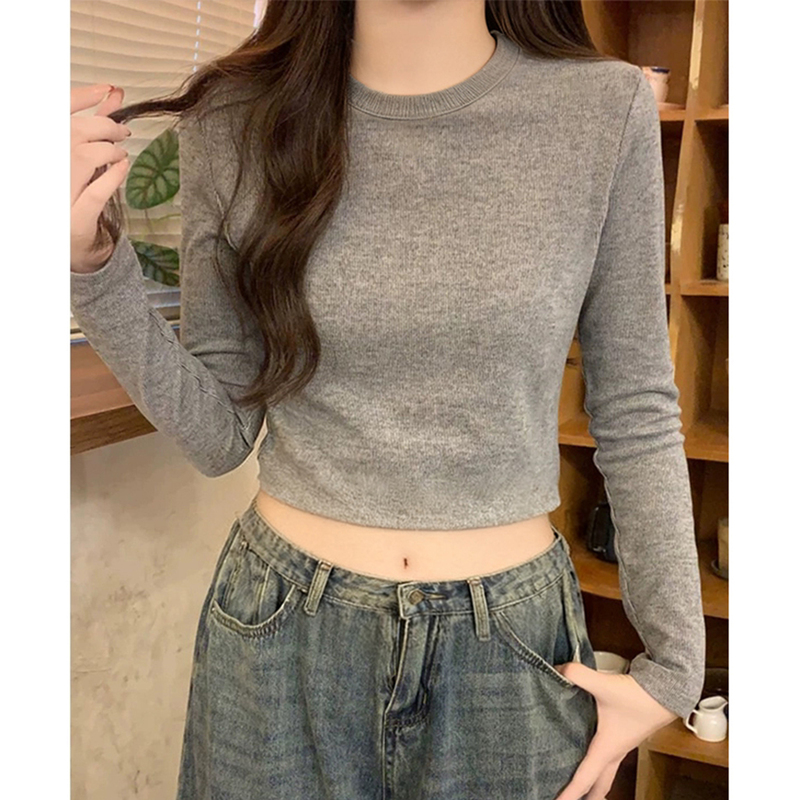 Gray Round-Neck Long-Sleeve T-Shirt for Women, Short High-Waisted Crop Top, Spring and Autumn 2026 New Tight-Fitting Base Shirt
