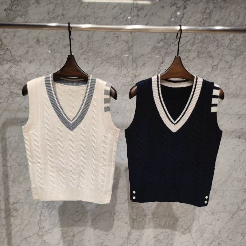 [Free Return Guarantee] Tnne Tb Autumn/Winter Four-Bar V-Neck Wool Vest Color-Block Sleeveless Sweater Cardigan