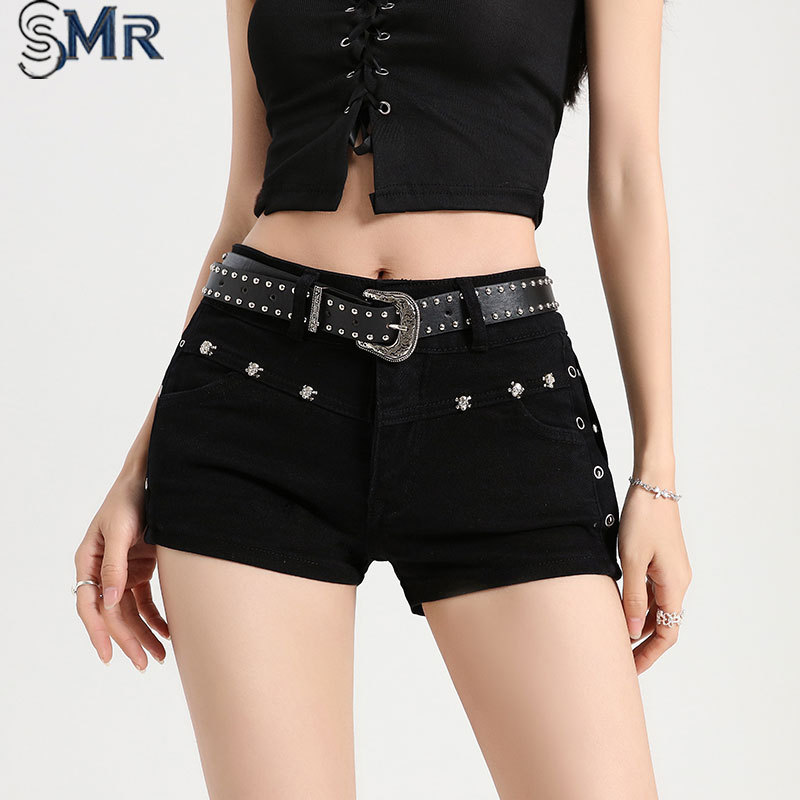 Black Studded Low-Rise Denim Shorts for Women, 2026 Summer New Style, Tight-Fitting, Slimming, Elastic, Ultra-Short Hot Pants
