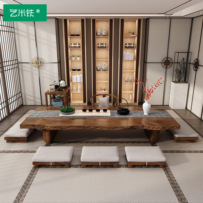 Japanese-style log large board tea table and chair combination solid wood irregular tea table tatami Kung Fu Zen low table balcony