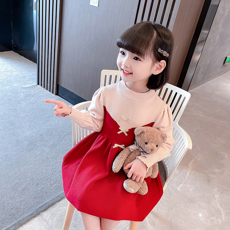 Girl Spring Clothing Dress Dress 2023 New Female Baby Spring Autumn Child Clothing Foreign Air Children Butterfly Knot Knitted Princess Dress