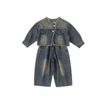 Girls denim suit fashionable retro childrens spring two-piece set fashionable raw edge baby girls clothes boys suit trendy