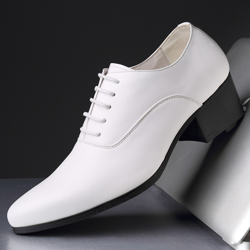 Men's High-Heeled Shoes, British Gentleman's Formal Leather Shoes, Men's White Genuine Leather Pointed-Toe Lace-Up Business Banquet Stage Shoes Men's High-Heeled Shoes, British Gentleman's Formal Leather Shoes, Men's White Genuine Leather Pointed-Toe Lace-Up Business Banquet Stage Shoes