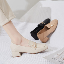 Thick heel single shoe woman with 2022 new early spring 100 hitch a foot pedal shoe lady Lefu shoe square head Inron little leather shoes