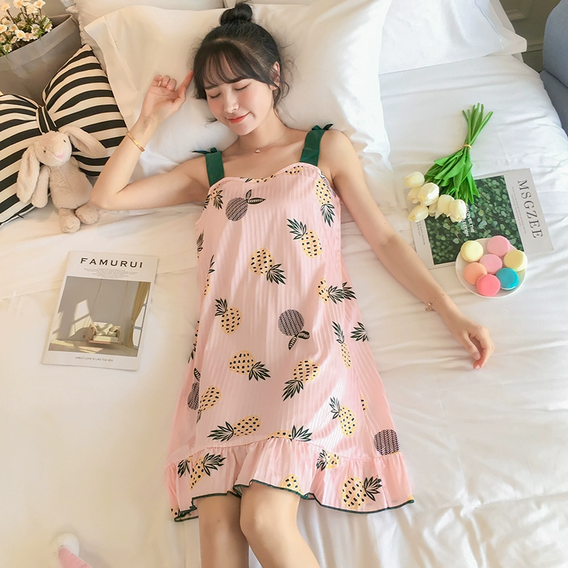 Băng lụa váy ngủ mỏng mùa hè đồ ngủ nữ sinh dễ thương lưới màu đỏ quần áo ở nhà sexy có thể mặc tùy tiện - Đêm đầm