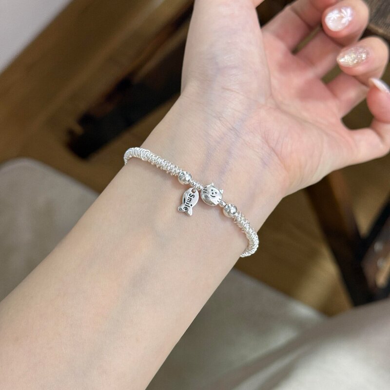 Pure Silver S999 Kitten Eating Fish Plate-Shaped Sterling Silver Bracelet for Women, Niche Broken Silver Plated Bracelet, Friendship Gift Pure Silver S999 Kitten Eating Fish Plate-Shaped Sterling Silver Bracelet for Women, Niche Broken Silver Plated Bracelet, Friendship Gift