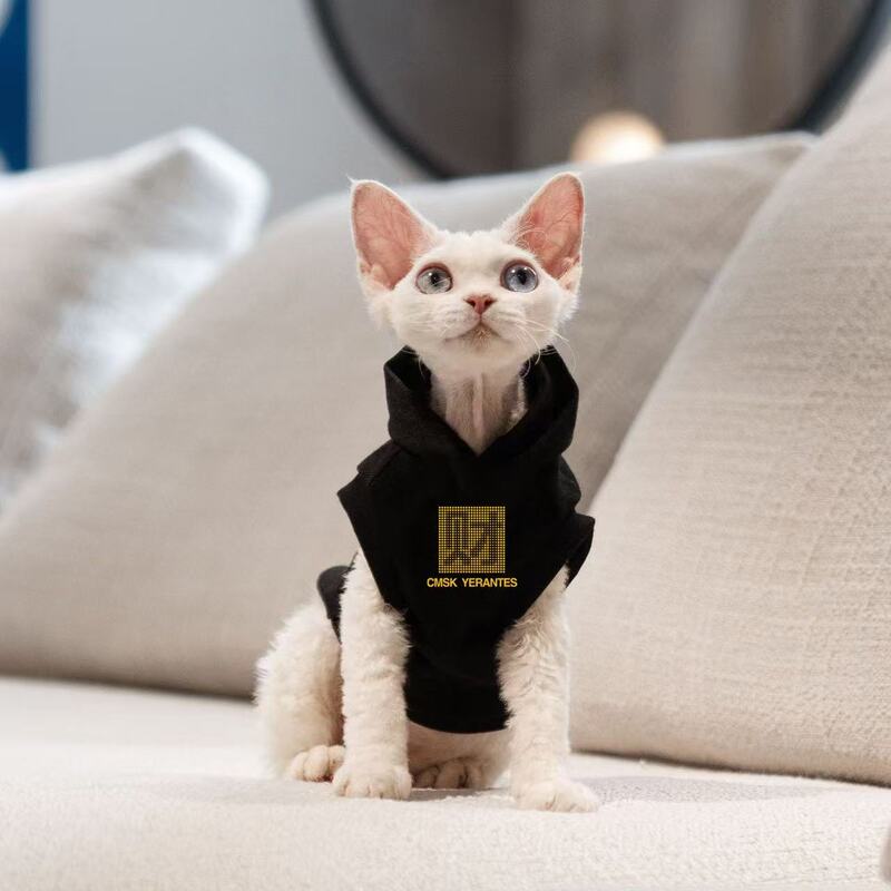 Cat Cafe Sphynx Hairless Cat Hooded Clothes Black Hoodie Sweatshirt for Dogs and Kittens All Seasons