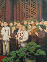 Brocade Cultural Revolution embroidery posters of great figures Dongfanghong Silk Weaving Factory Long Style Founding Ceremony