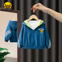Boy jacket for spring and autumn small yellow duck with cap pure color baby spring dress blouse for foreign air and children with wind and clothing tide