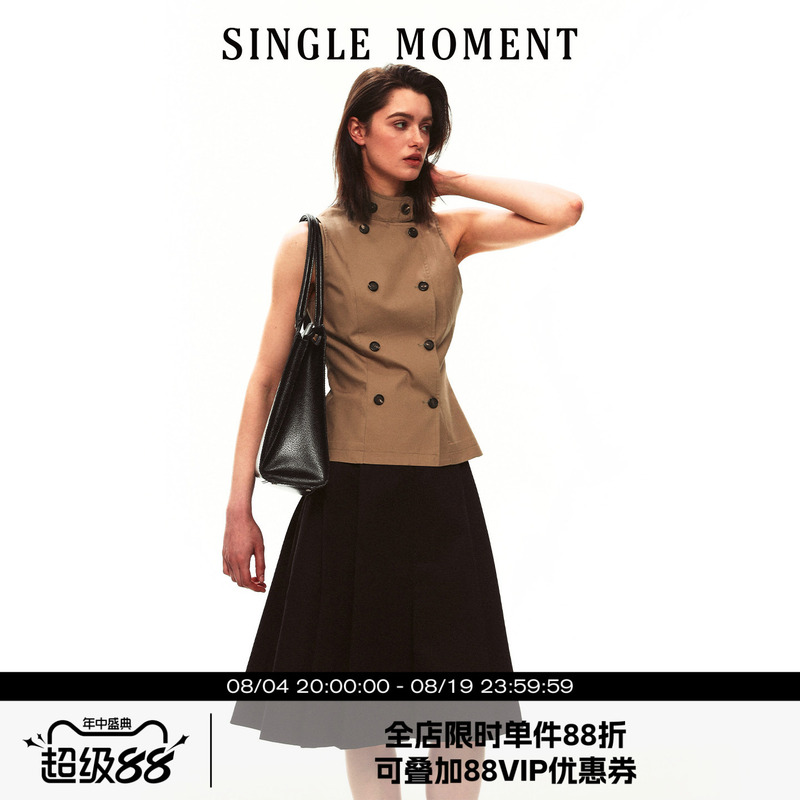 Single Moment 26Ss Summer French Fashion Half-High Collar Double-Breasted Sleeveless Top Short Vest for Women Single Moment 26Ss Summer French Fashion Half-High Collar Double-Breasted Sleeveless Top Short Vest for Women