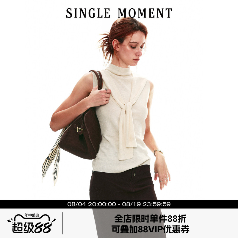 Single Moment 26Ss French-Style Summer Lace-Up Adjustable Knitted Sleeveless Turtleneck Vest Top for Women