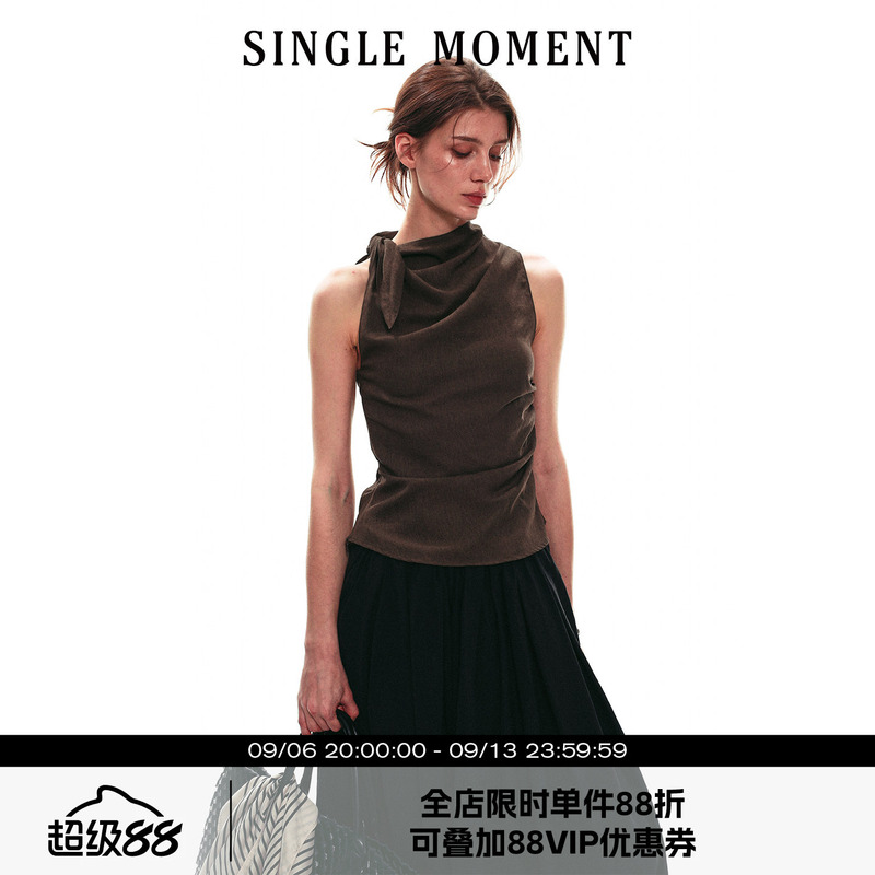 Single Moment 26Ss Summer French Lace-Up Stacked Collar Sleeveless Vest Slim Fit Elegant Top for Women
