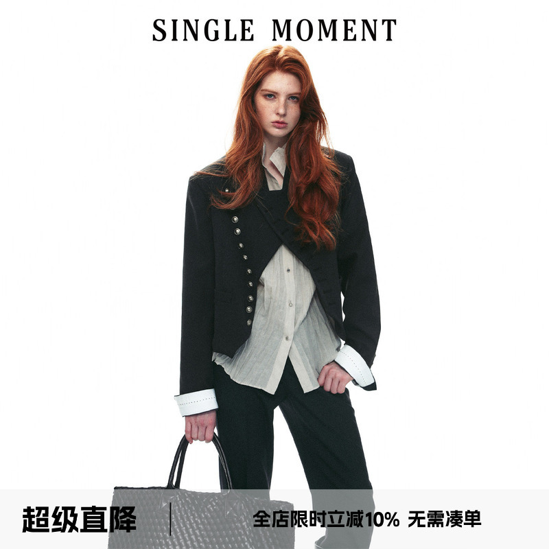 Single Moment 26Aw French Retro Commuter Style Asymmetrical Placket Silhouette Blazer Long-Sleeve Top for Women Autumn