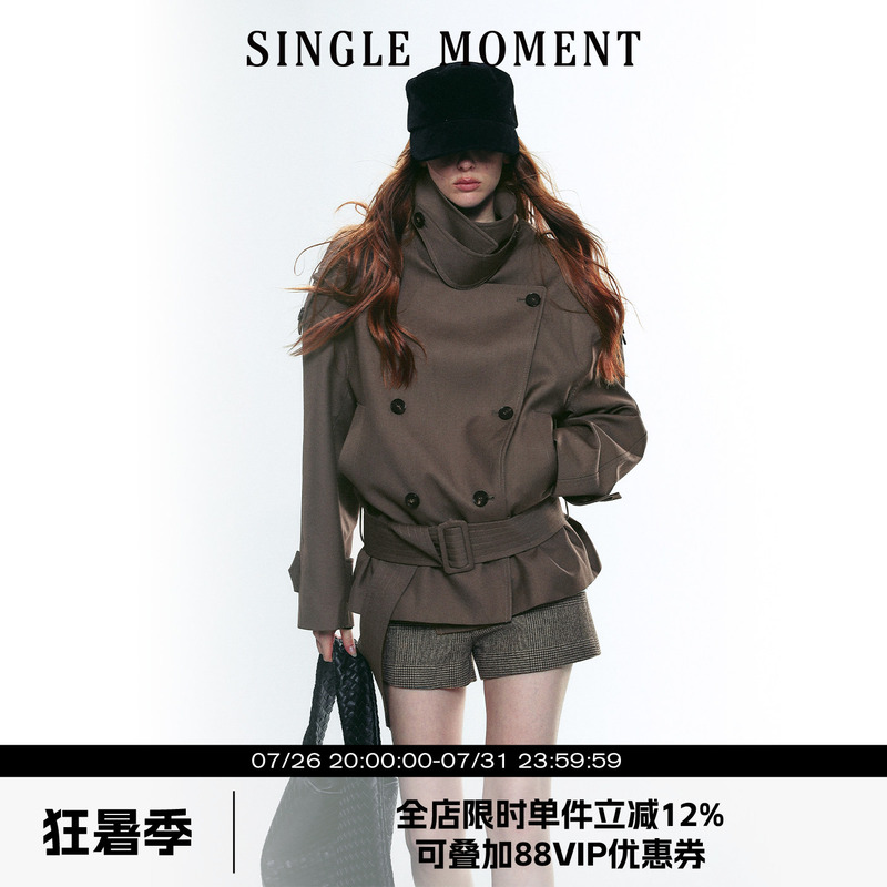 Single Moment 25Aw French Retro Style High Collar Wide Shoulder Short Double-Breasted Belted Trench Coat for Women