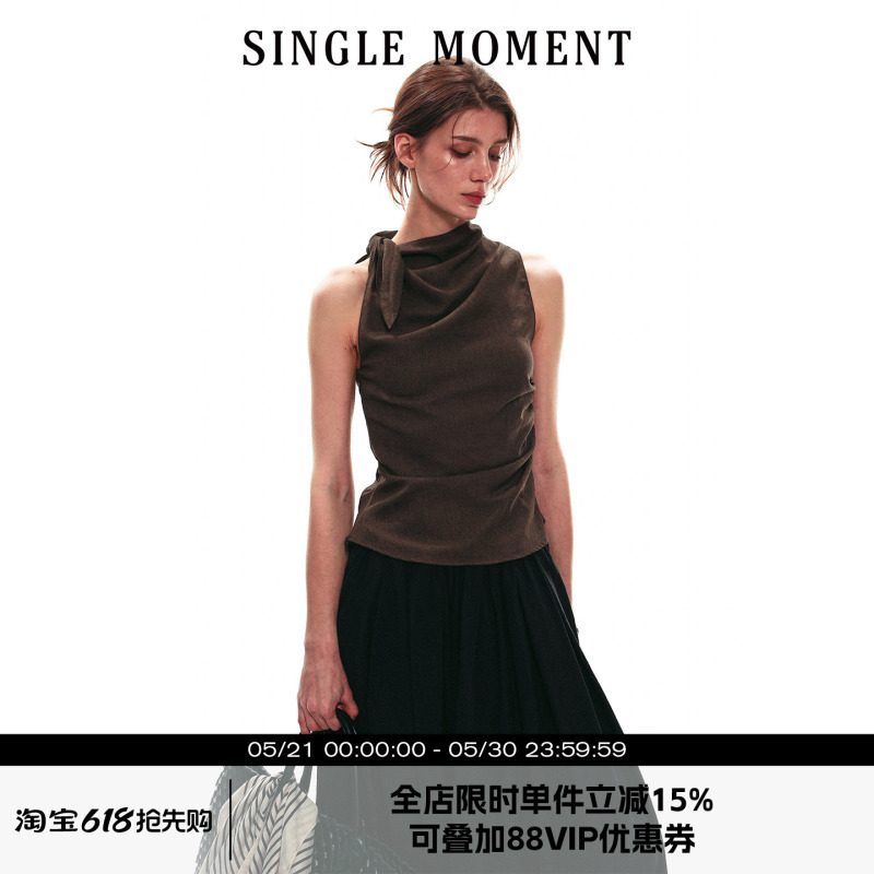 Single Moment 26Ss Summer French Lace-Up Stacked Collar Sleeveless Vest Slim Fit Elegant Top for Women