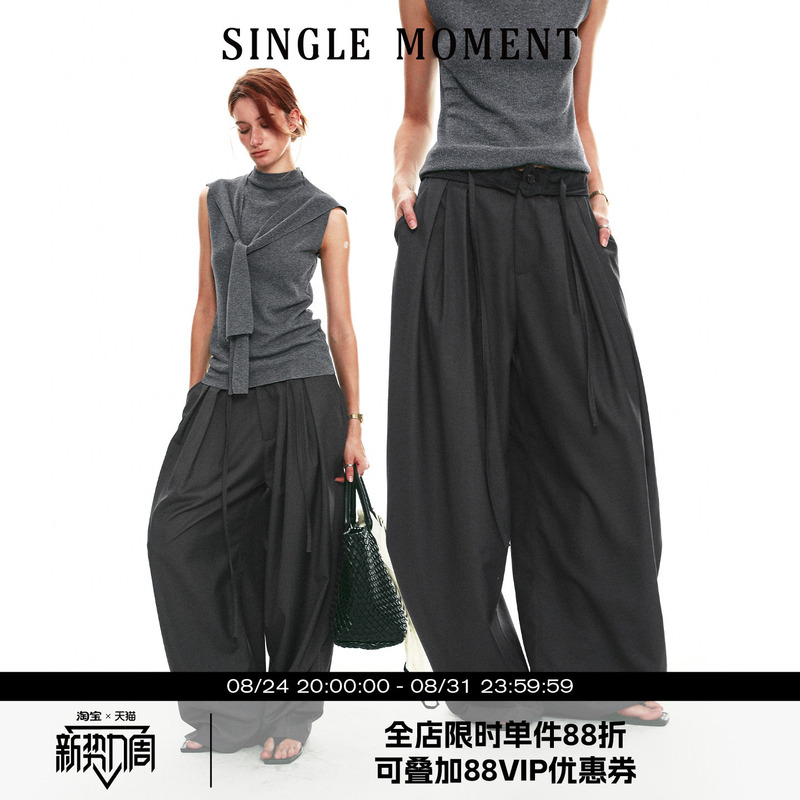 Single Moment 26Ss French-Style Summer Ruched Lace Color-Blocked Waistband Casual Wide-Leg Pants for Women
