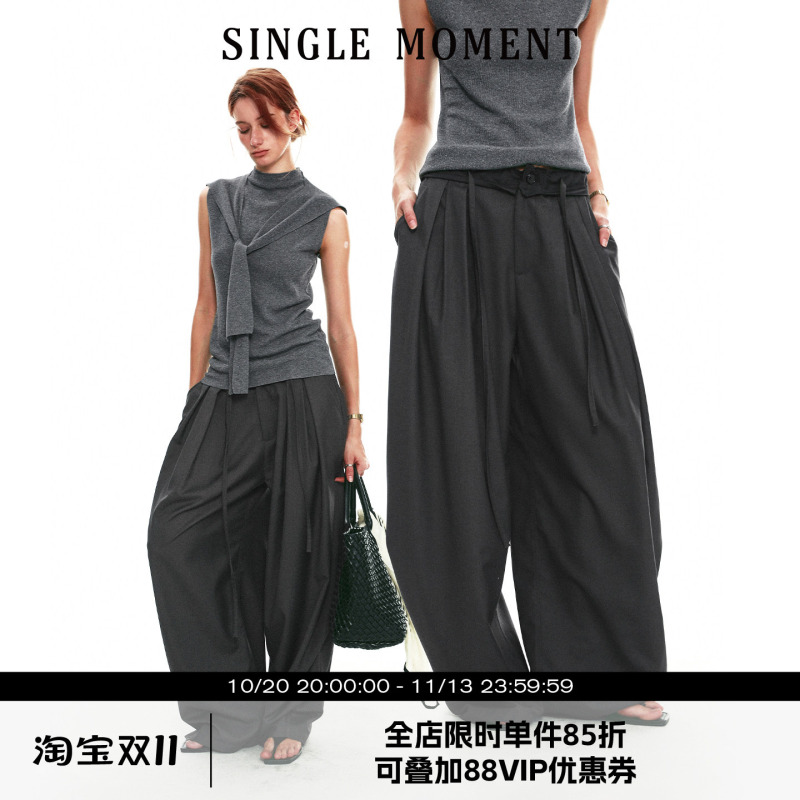 Single Moment 26Ss French-Style Summer Ruched Lace Color-Blocked Waistband Casual Wide-Leg Pants for Women