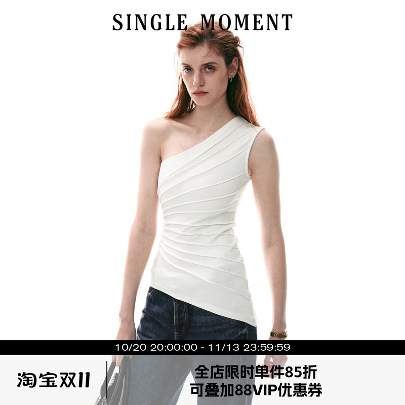 Single Moment 26Ss Summer French Style Pleated Off-Shoulder Knitted Top Vest Sleeveless T-Shirt for Women