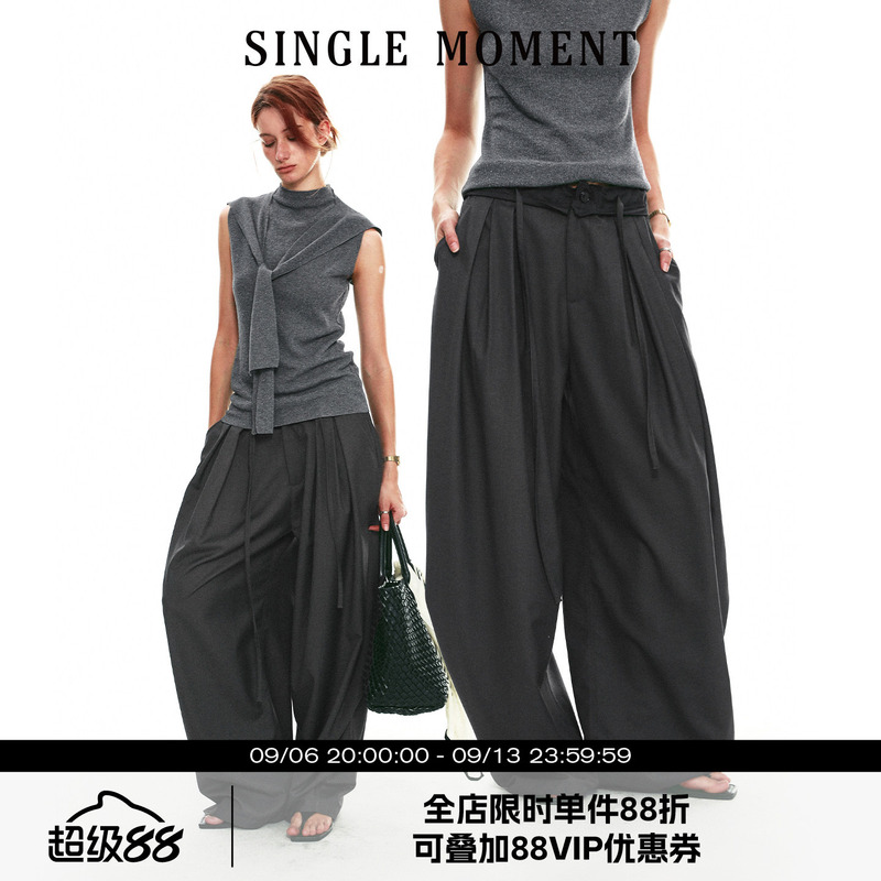 Single Moment 26Ss French-Style Summer Ruched Lace Color-Blocked Waistband Casual Wide-Leg Pants for Women Single Moment 26Ss French-Style Summer Ruched Lace Color-Blocked Waistband Casual Wide-Leg Pants for Women