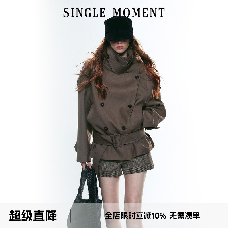 Single Moment 25Aw French Retro Style High Collar Wide Shoulder Short Double-Breasted Belted Trench Coat for Women
