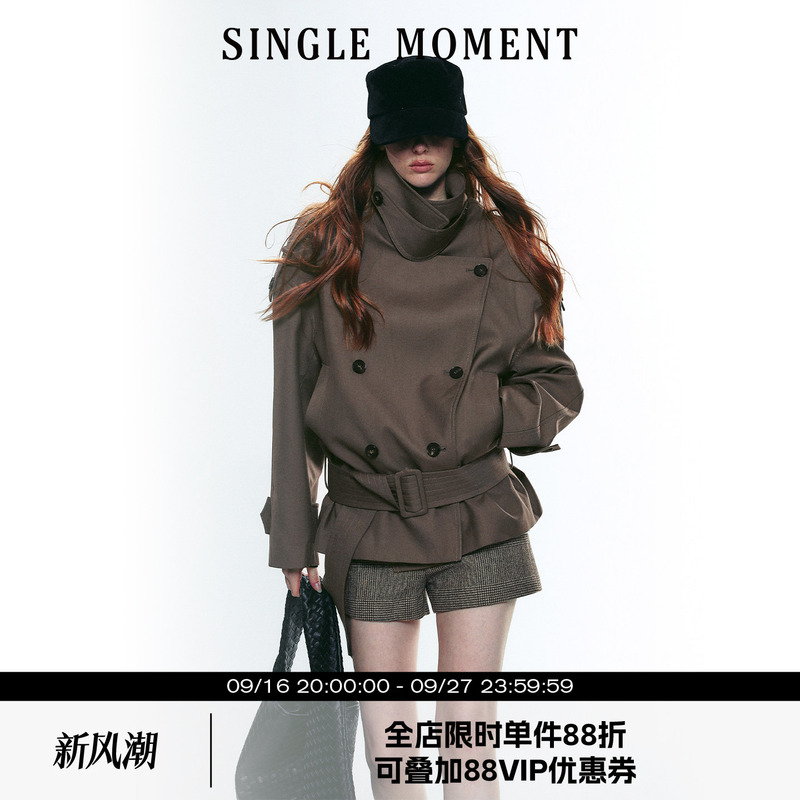 Single Moment 25Aw French Retro Style High Collar Wide Shoulder Short Double-Breasted Belted Trench Coat for Women